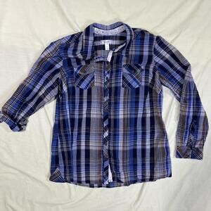 Dress Barn Women’s 1X Blue Brown Plaid Long Sleeve Roll-Up Cuffs Lace Glitter